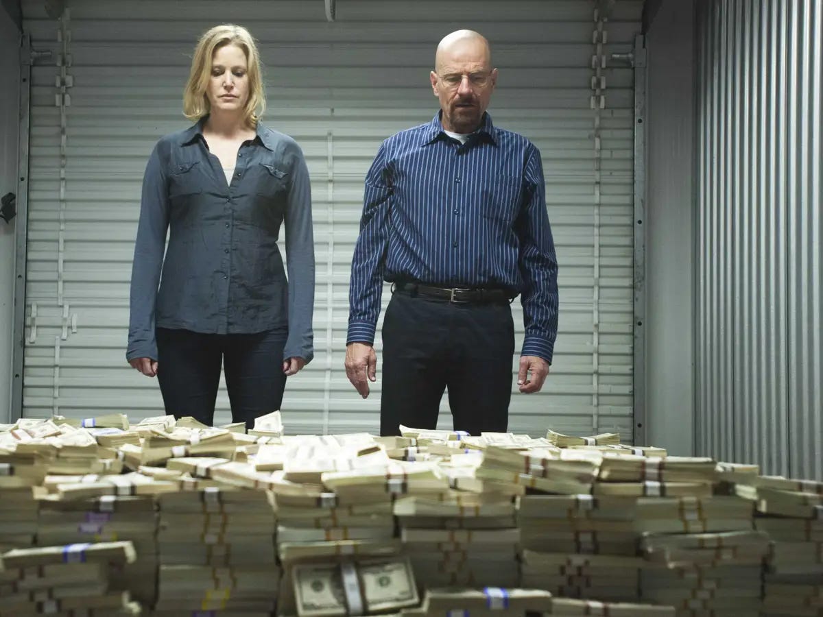 Breaking Bad scene with Walter White and Skyler standing over massive stacks of cash, symbolizing venture capital reserve management Breaking Bad scene with Walter White and Skyler standing over massive stacks of cash, symbolizing venture capital reserve management