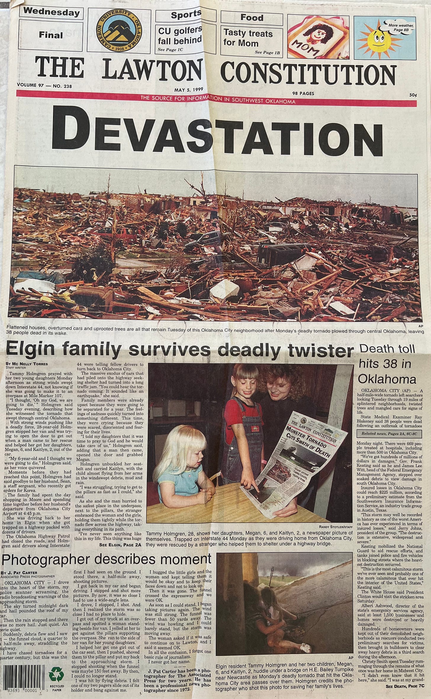 The front page of The Lawton Constitution as it was published May 5, 1999 after a deadly tornado destroyed a community south of Oklahoma City and killed 38 people (Mc Nelly Torres | Don’t Forget My Voice) The front page of The Lawton Constitution as it was published May 5, 1999 after a deadly tornado destroyed a community south of Oklahoma City and killed 38 people (Mc Nelly Torres | Don’t Forget My Voice)
