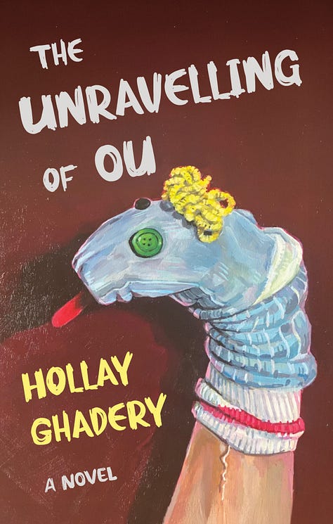Two book covers: The Unravelling of Ou by Hollay Ghadery and Breathing Is How Some People Stay Alive by Alison Gadsby