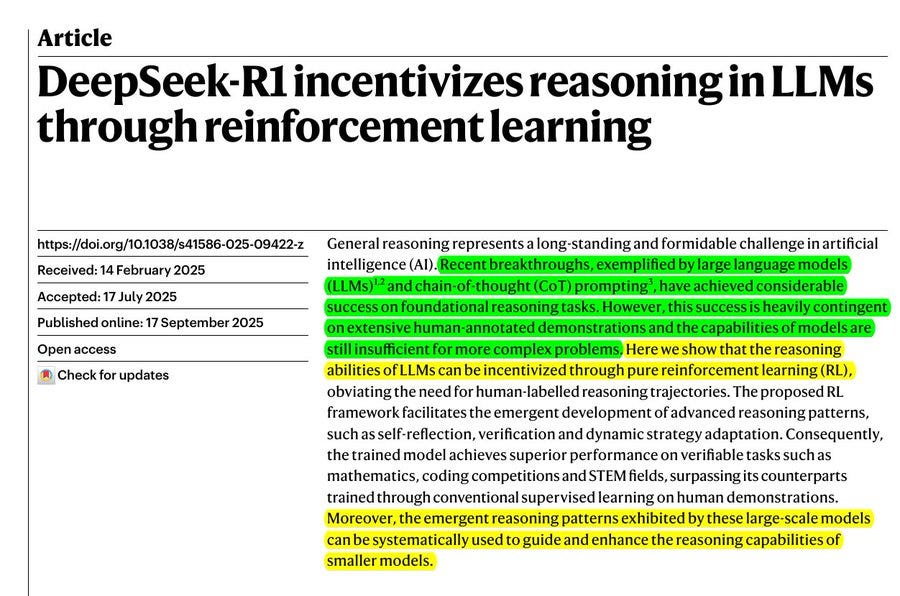 A document page with the title "DeepSeek-R1 incentivizes reasoning in LLMs through reinforcement learning" in bold. Text includes publication details, such as "Published 17 September 2025" and "Accepted 14 February 2025," along with sections on general reasoning and LLMs. No watermarks are visible.