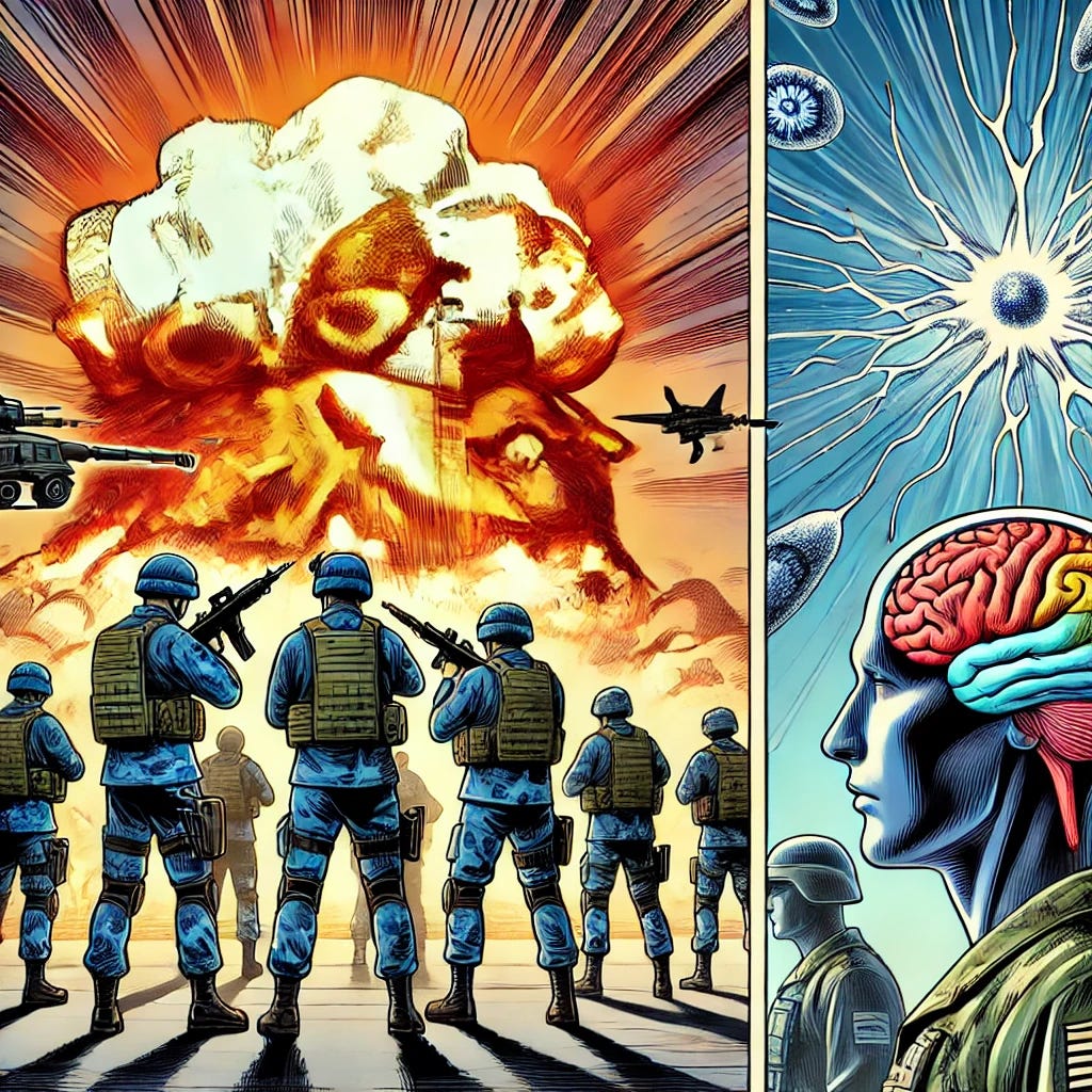 A group of soldiers undergoing training, with an explosion in the background symbolizing a blast, illustrated in a comic book style. The scene should highlight the contrast between a calm training environment and the sudden impact of the blast, emphasizing the potential brain injuries that soldiers might face. In the foreground, medical imagery like brain scans or neurons can be subtly incorporated to represent the study's focus on traumatic brain injuries and Alzheimer's biomarkers. The overall style should be colorful, dynamic, and detailed, with bold lines and shading typical of comic books.