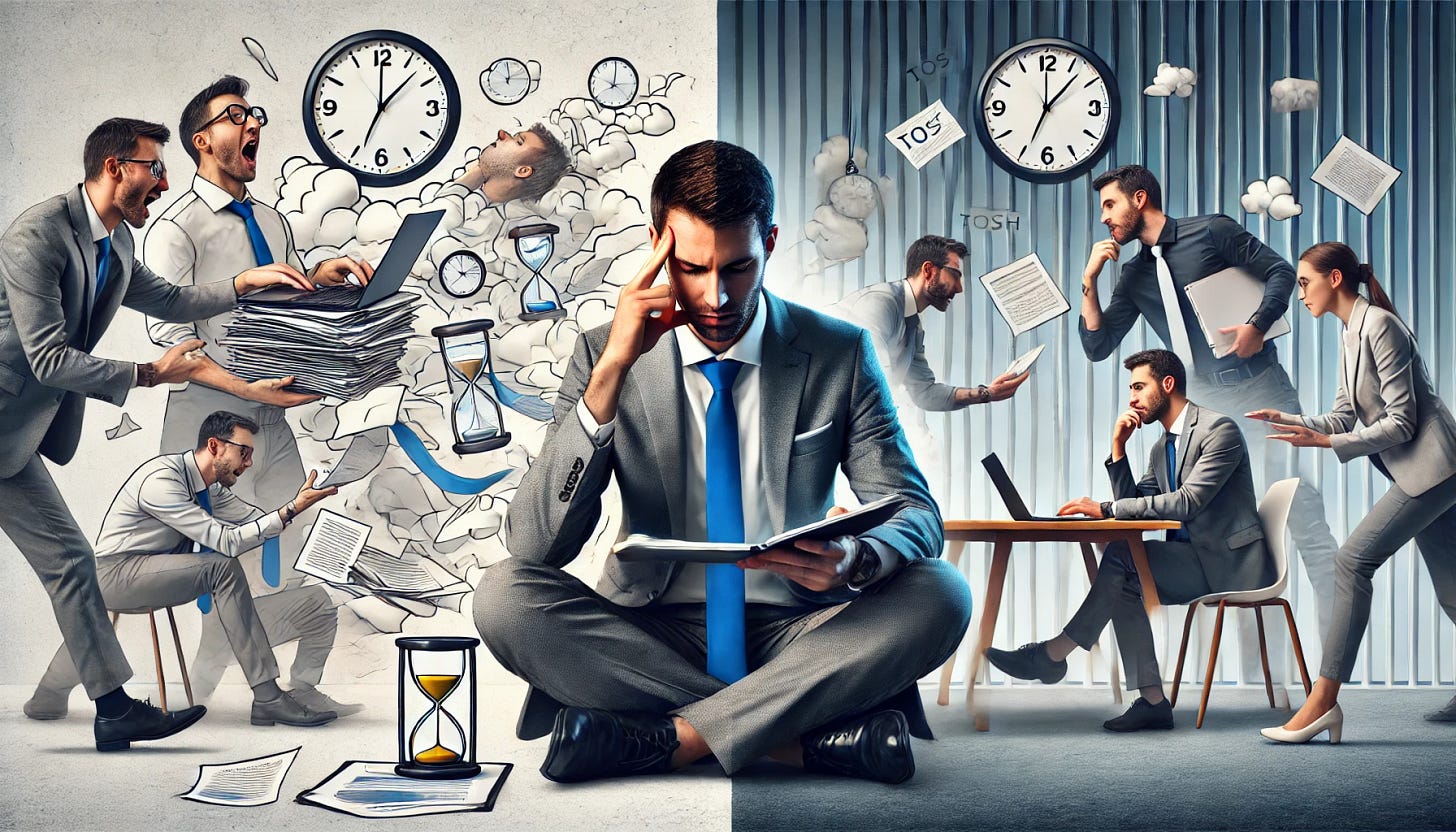 A split image showing a well-dressed executive in two contrasting scenarios. On the left, they look stressed and hurried, juggling too many tasks, with deadlines looming over them. On the right, they are relaxed, surrounded by thoughtful discussions and taking a strategic approach. This juxtaposes the cost of rushing with the value of slow, deliberate planning.