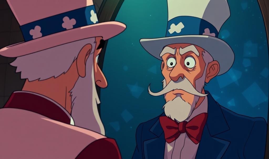 What is America? AI generated image of Uncle Sam looking in the mirror with a confused look on his face