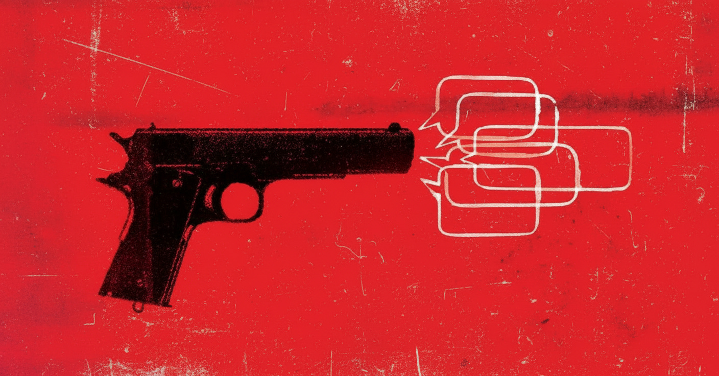 Minimal red poster with gun firing speech bubbles instead of bullets