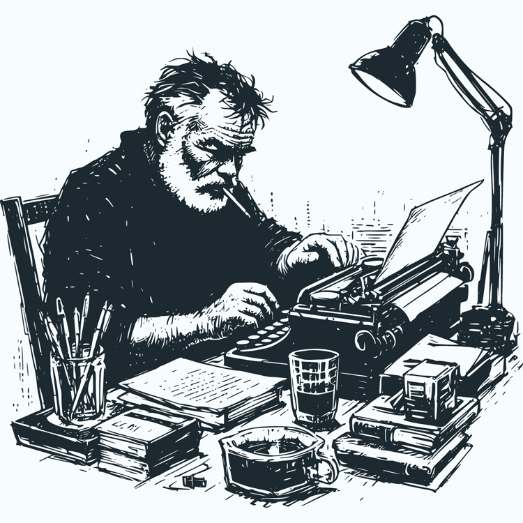 Ernest Hemingway line art typing and drinking and smoking.