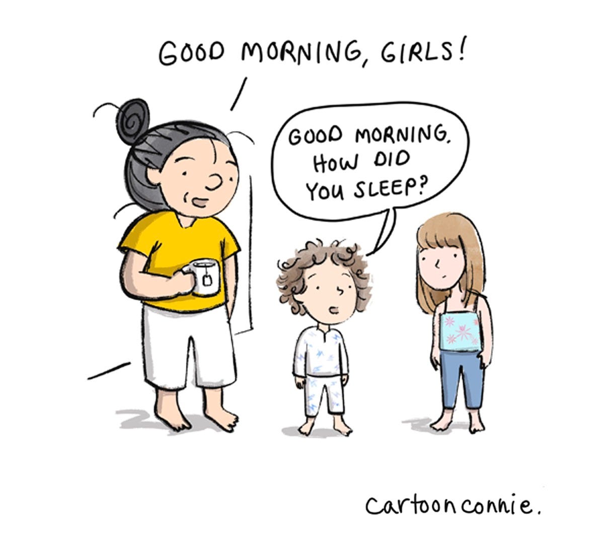 Panel 3/8 of an 8-panel color diary comic illustrating the perceptive, brutal honesty of young children in a series of humbling exchanges with the artist. Titled "Friends With Kids," 2026, by Connie Sun