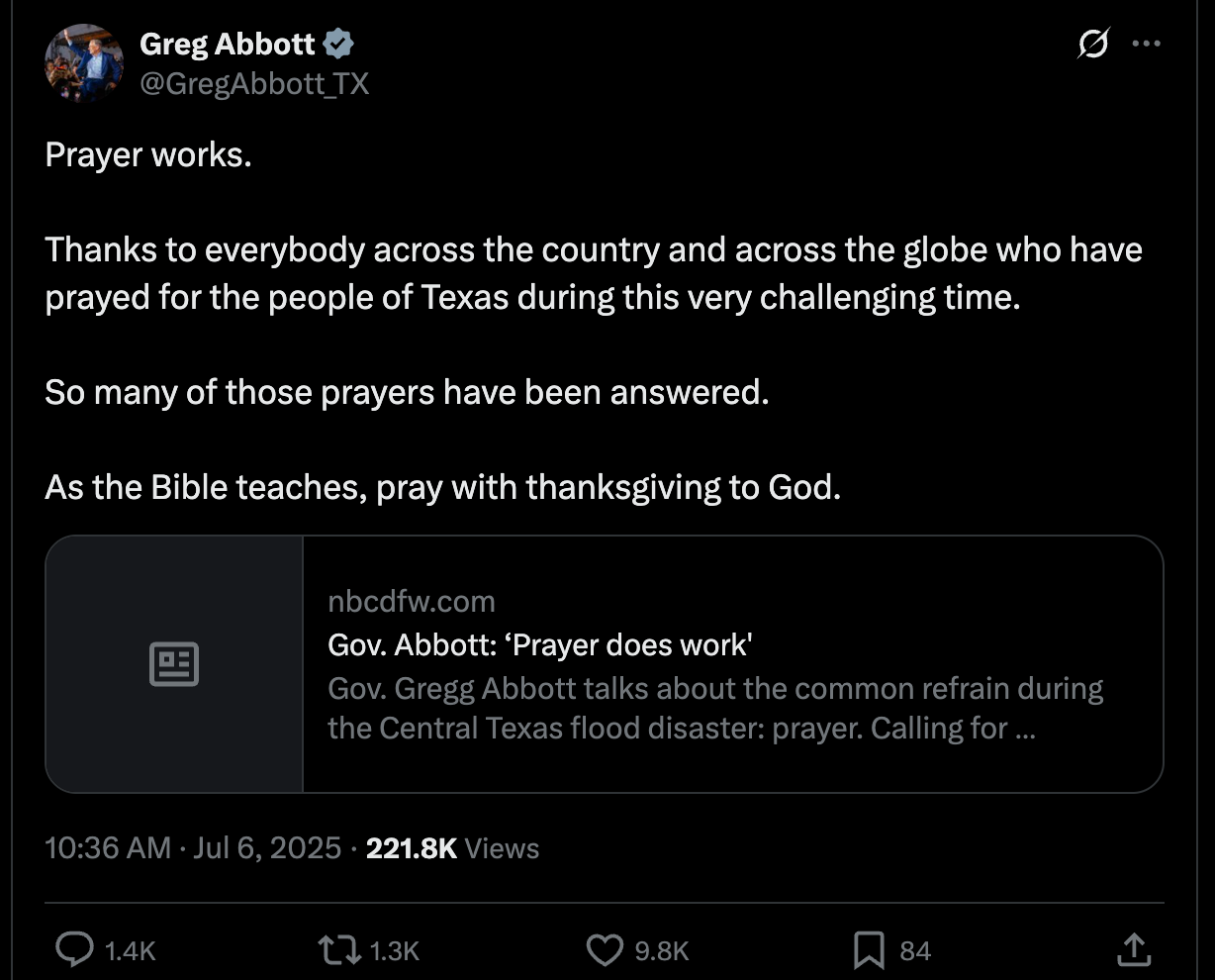 Abbott tweet: "“Prayer works. Thanks to everybody across the country and across the globe who have prayed for the people of Texas during this very challenging time. So many of those prayers have been answered. As the Bible teaches, pray with thanksgiving to God.” Abbott tweet: "“Prayer works. Thanks to everybody across the country and across the globe who have prayed for the people of Texas during this very challenging time. So many of those prayers have been answered. As the Bible teaches, pray with thanksgiving to God.”