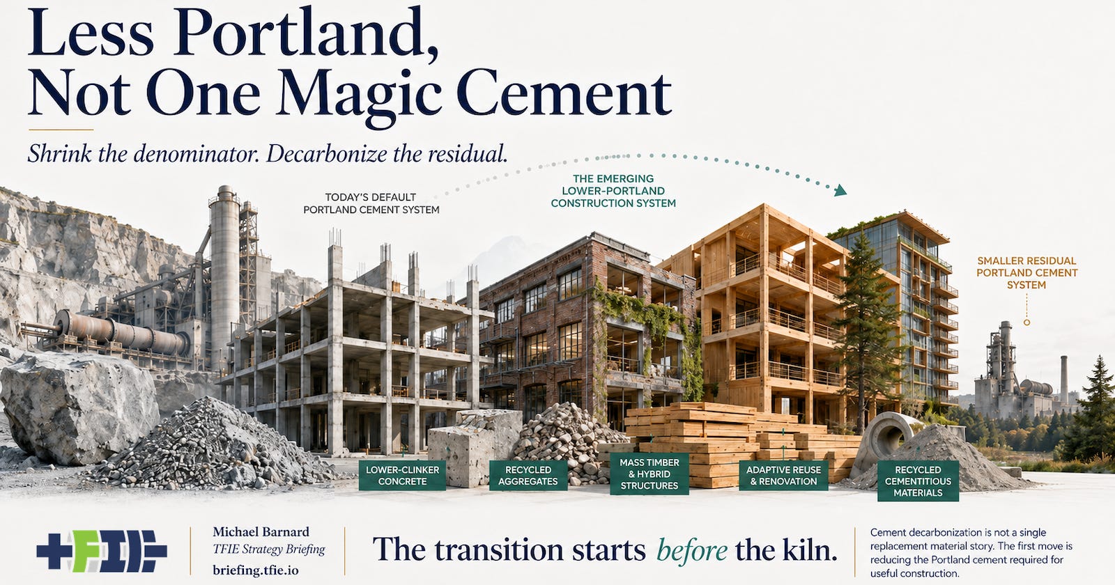 Editorial graphic showing conventional cement giving way to timber, renovation and a smaller residual cement system.