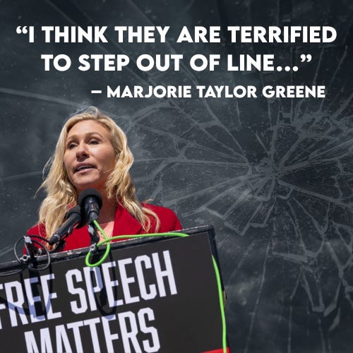 Graphic of a blonde congresswoman speaking at a ‘Free Speech Matters’ podium with the quote ‘I think they are terrified to step out of line,’ symbolizing Republicans afraid to break with Trump. Graphic of a blonde congresswoman speaking at a ‘Free Speech Matters’ podium with the quote ‘I think they are terrified to step out of line,’ symbolizing Republicans afraid to break with Trump.