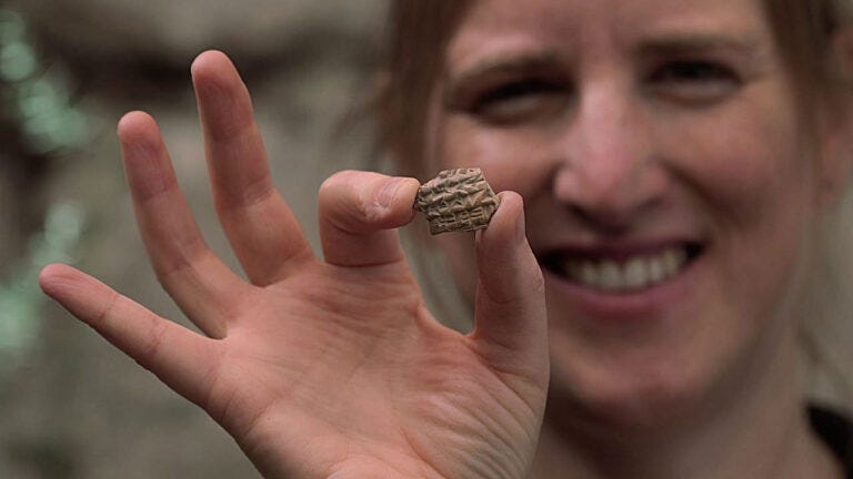 Dr. Ayala Zilberstein, excavation director on behalf of the Israel Antiquities Authority, holding the rare sealing. (photo credit: Emil Aladjem, Israel Antiquities Authority.)