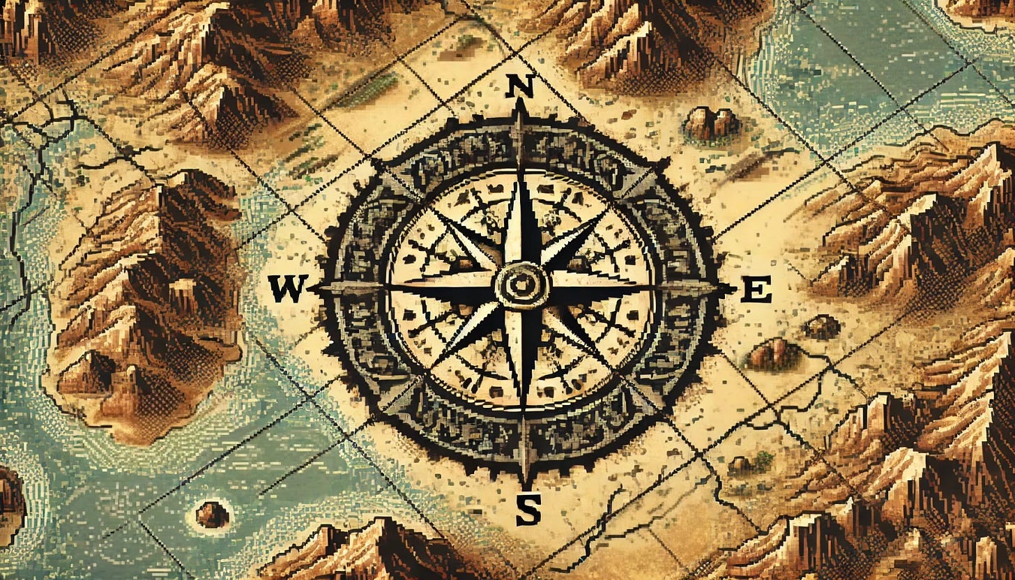 A close-up 1980s pixel art image of an old west map, keeping only one central compass rose and removing any extra ones. The map retains rugged terrain details such as mountains, rivers, and trails, preserving its retro frontier aesthetic. The focus is on a clean, simplified cartographic design with a single, central compass rose.