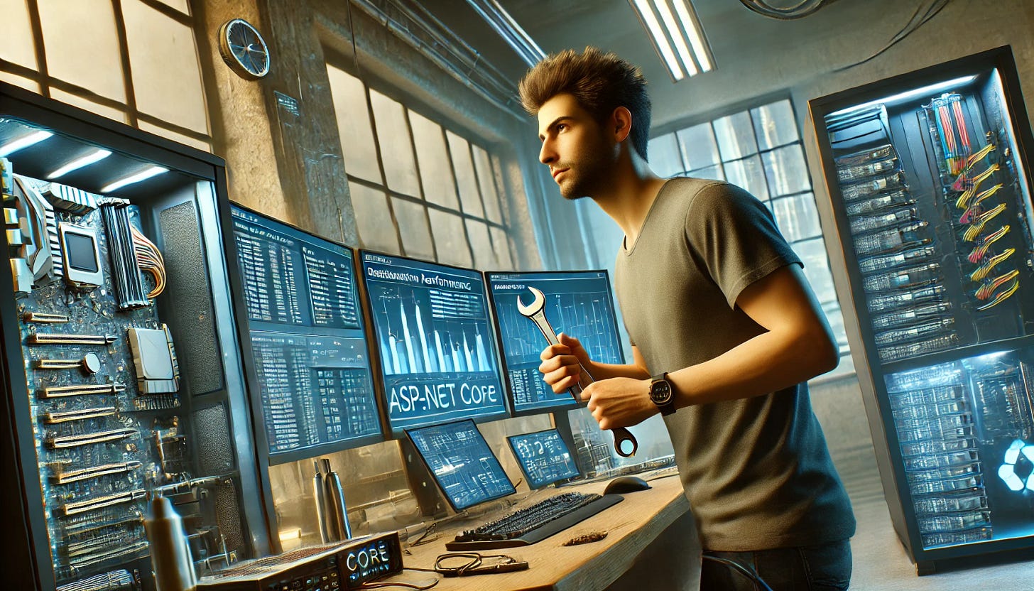 Developer tuning hardware and software for ASP.NET Core performance, using a spanner at a workstation. Developer tuning hardware and software for ASP.NET Core performance, using a spanner at a workstation.