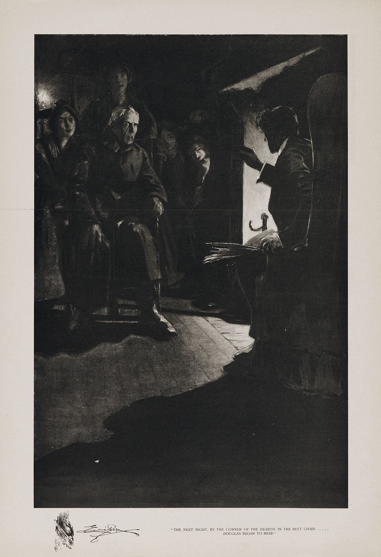 "The next night, by the corner of the hearth, in the best chair … Douglas began to read" "The next night, by the corner of the hearth, in the best chair … Douglas began to read"
