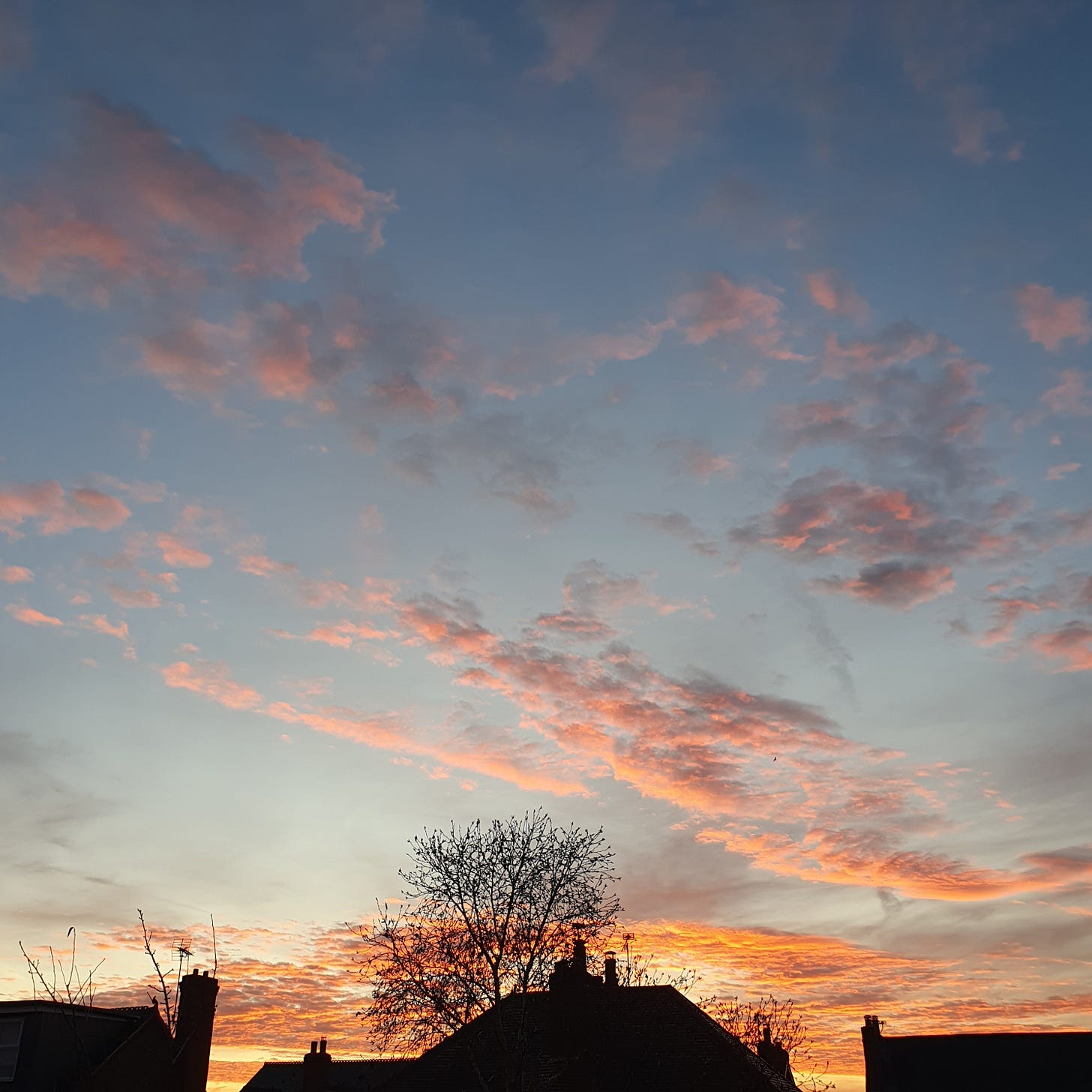 A picture of a sunset over Beeston rooftops in bright blue and orange