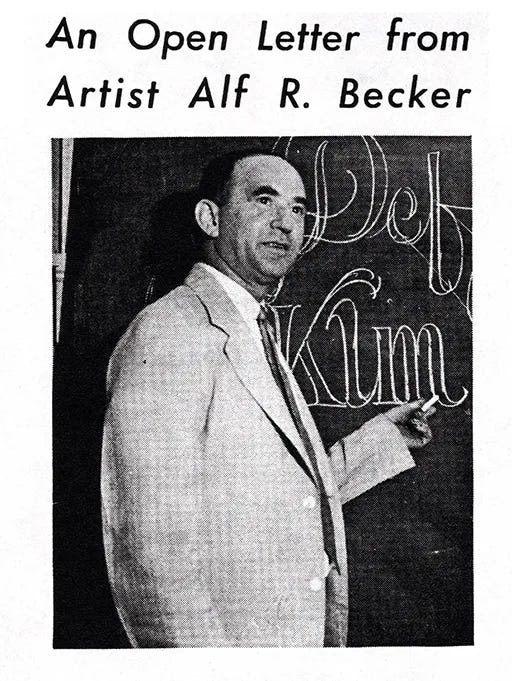 Portrait of Alf Becker demonstrating one of his lettering styles in 1935