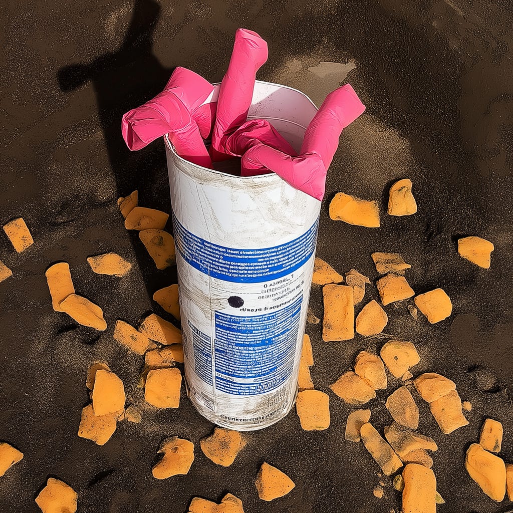 A white and blue container filled with pink rolled-up objects, surrounded by yellow objects on a sandy surface.