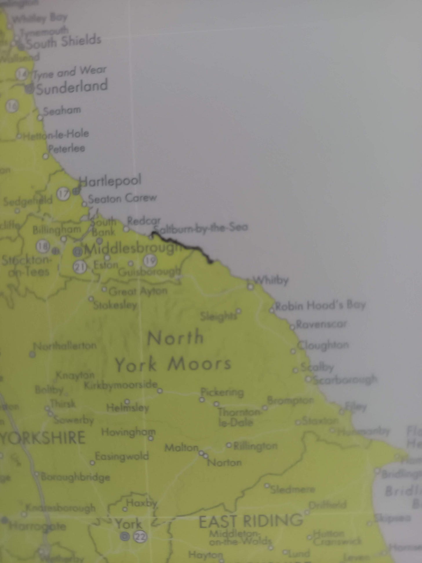 Area of the UK map showing North East England with the route from Saltburn to Staithes traced on top