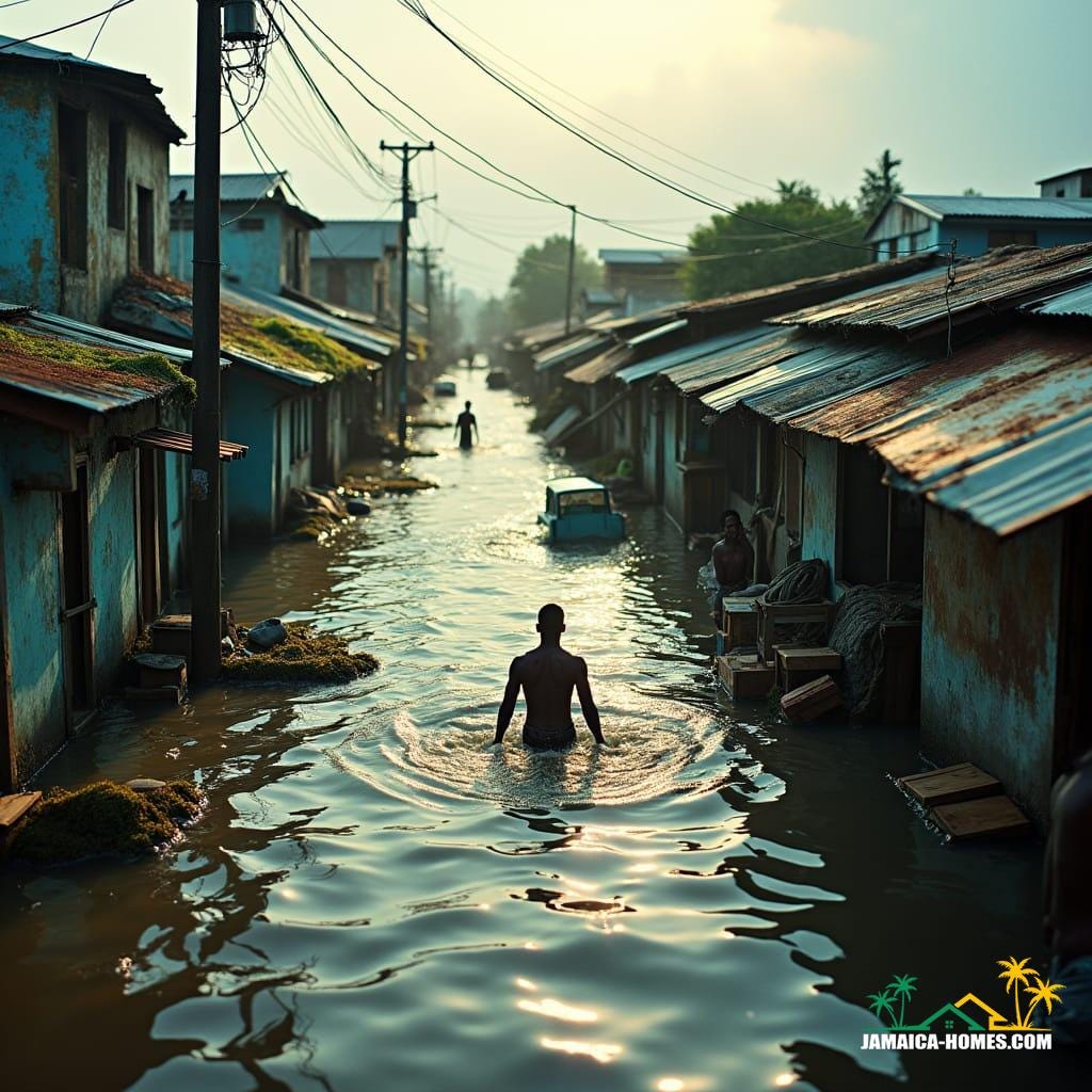 A devastating flood engulfs the quaint streets of Jamaica Town, capturing the chaos and desperation of its residents.