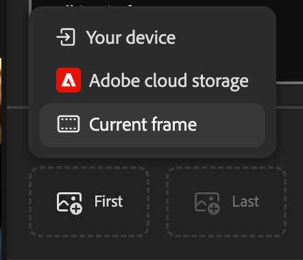 Adobe Firefly video editor interface showing upload source options, including ‘Your device,’ ‘Adobe cloud storage,’ and ‘Current frame,’ with buttons to set first and last frames for a generated video clip.
