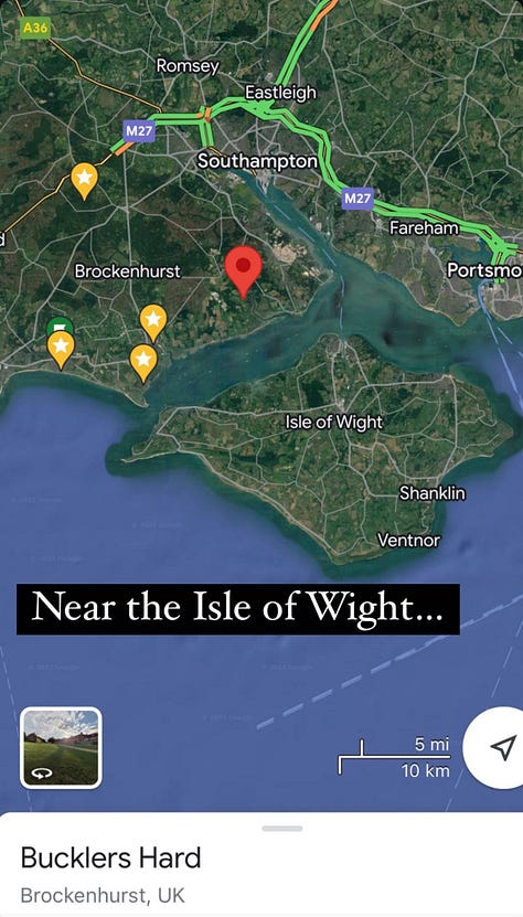 Maps showing the location of Buckler's Hard on the southern coast of the UK. It is near the Isle of Wight, just up the Beaulieu River.