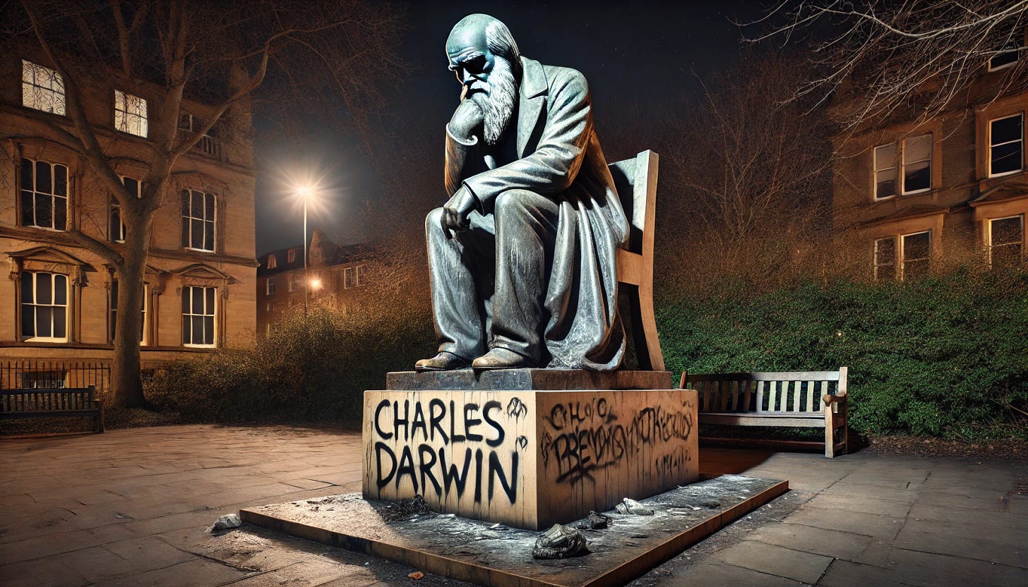 A realistic, wide aspect ratio image of a vandalized statue of Charles Darwin at night. The statue is made of stone, depicting Darwin in a contemplative pose, but it's been defaced with graffiti and splashes of paint. The night setting adds a mysterious atmosphere, with streetlights casting long shadows on the ground and the statue. The area around the statue is deserted, with dim lighting highlighting the damage done. Surrounding trees and bushes contribute to the somber, eerie mood.