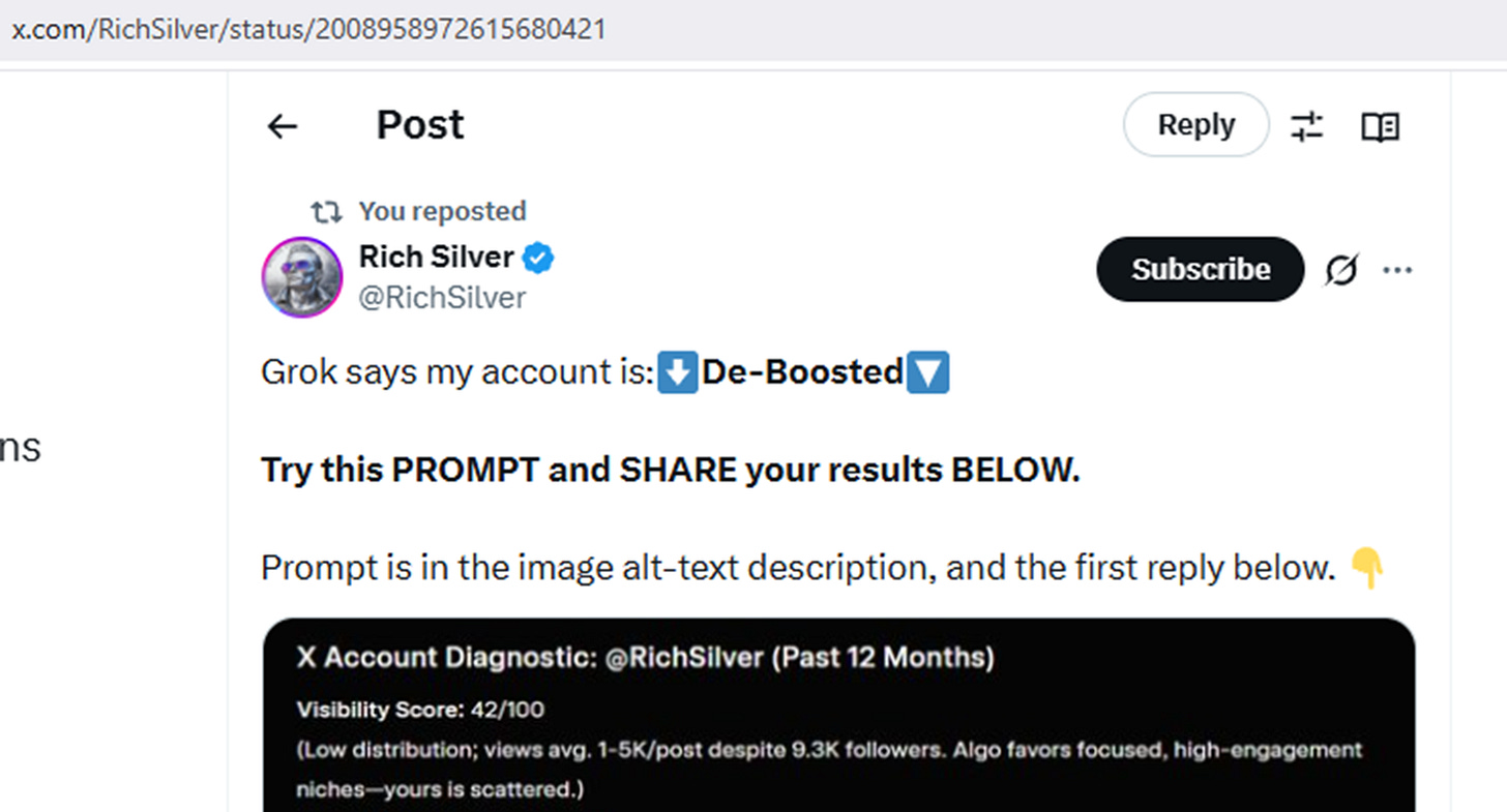 X user, @RichSiver's X post with visibility score prompt.