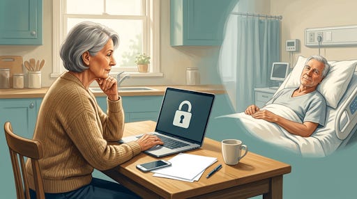 A woman looks at her laptop across from her husband in a hospital bed. A woman looks at her laptop across from her husband in a hospital bed.