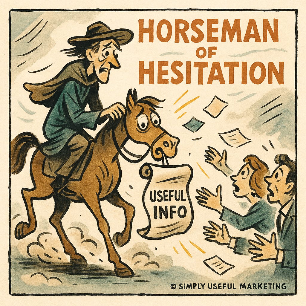 Vintage-style poster illustration of a man seated calmly on a horse facing forward. He holds a small sign with readable text. The background is mostly empty with a cream tone and muted green and rust accents, emphasizing stillness and confidence rather than motion or urgency. Vintage-style poster illustration of a man seated calmly on a horse facing forward. He holds a small sign with readable text. The background is mostly empty with a cream tone and muted green and rust accents, emphasizing stillness and confidence rather than motion or urgency.