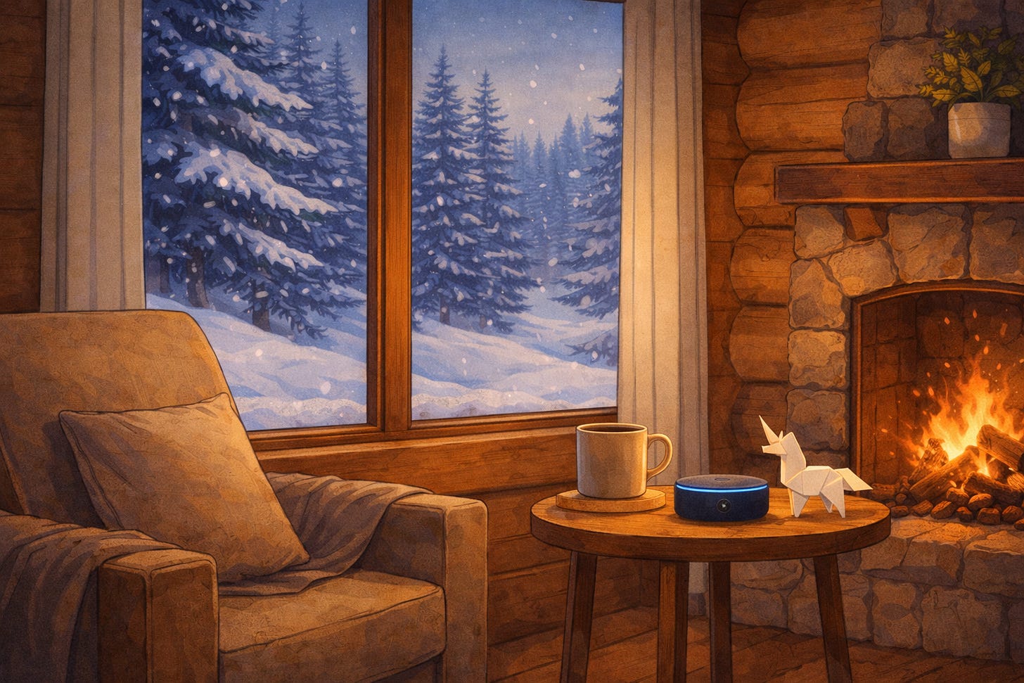 Illustration of a quiet cabin interior with a small ambient AI speaker beside a fireplace