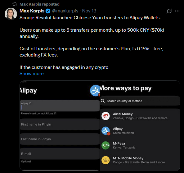 Screenshots from Max Karpis X account on Revolut features