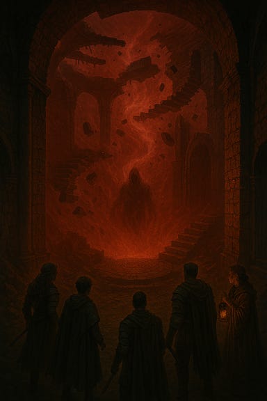 Create a dreamlike image of the North Tower as seen in a surreal Barovian Gothic dreamscape. The tower interior is vast and broken, with a blood-red void yawning around the party. Shattered stone floats in the air like ash, suspended in time. The spiral staircase is missing, but its ghostly silhouette remains—traced by drifting debris. Below, dark stone steps hug the outer wall, leading to a faintly glowing mosaic floor bathed in crimson light. In the center of the chamber, another stairwell descends, but its lower half has collapsed into the void. The atmosphere should be eerie, quiet, and mournful, with no visible violence or bodies—only haunting architecture and surreal emptiness.