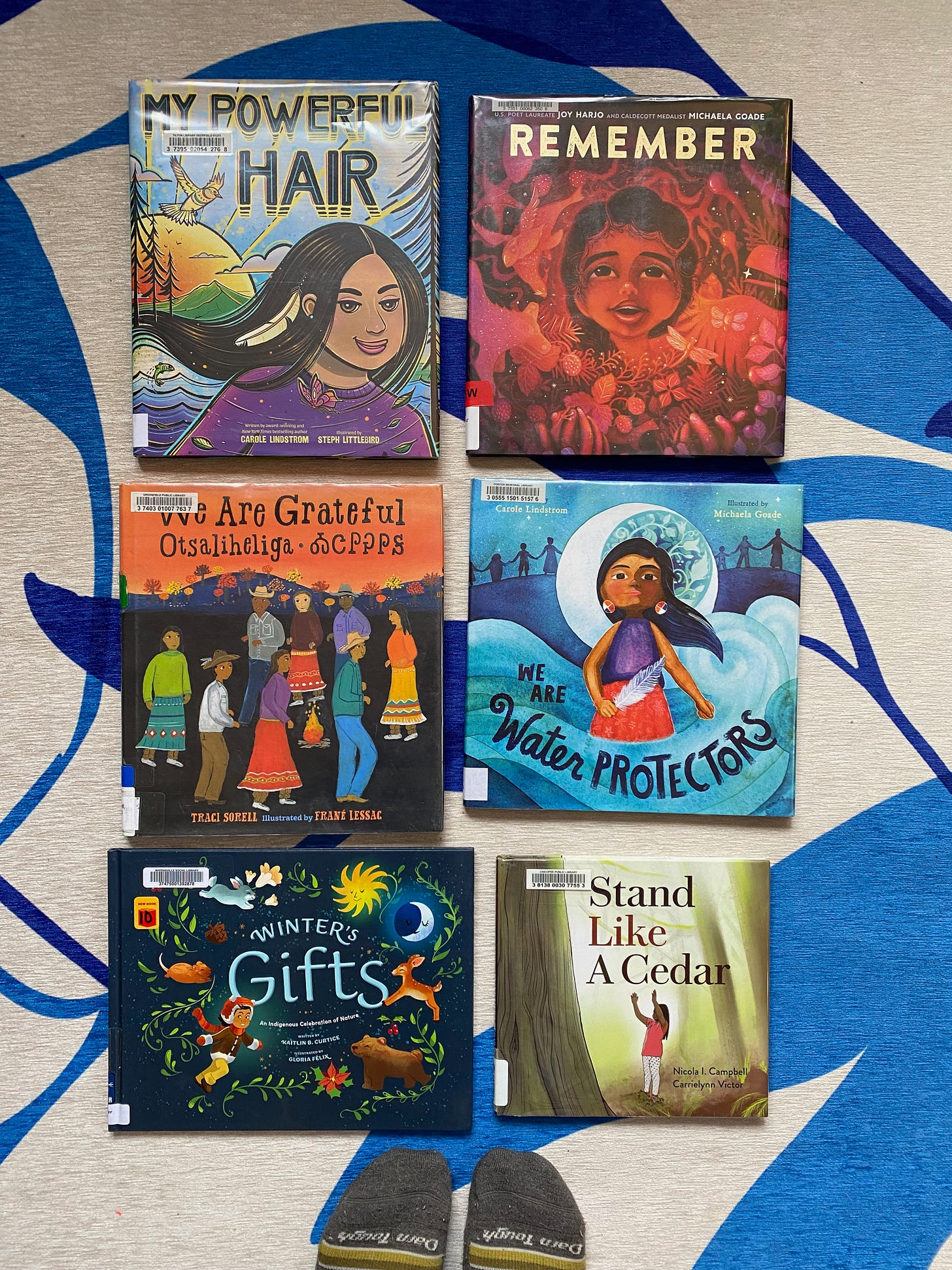 The six listed books arranged in a grid on a blue and white rug.