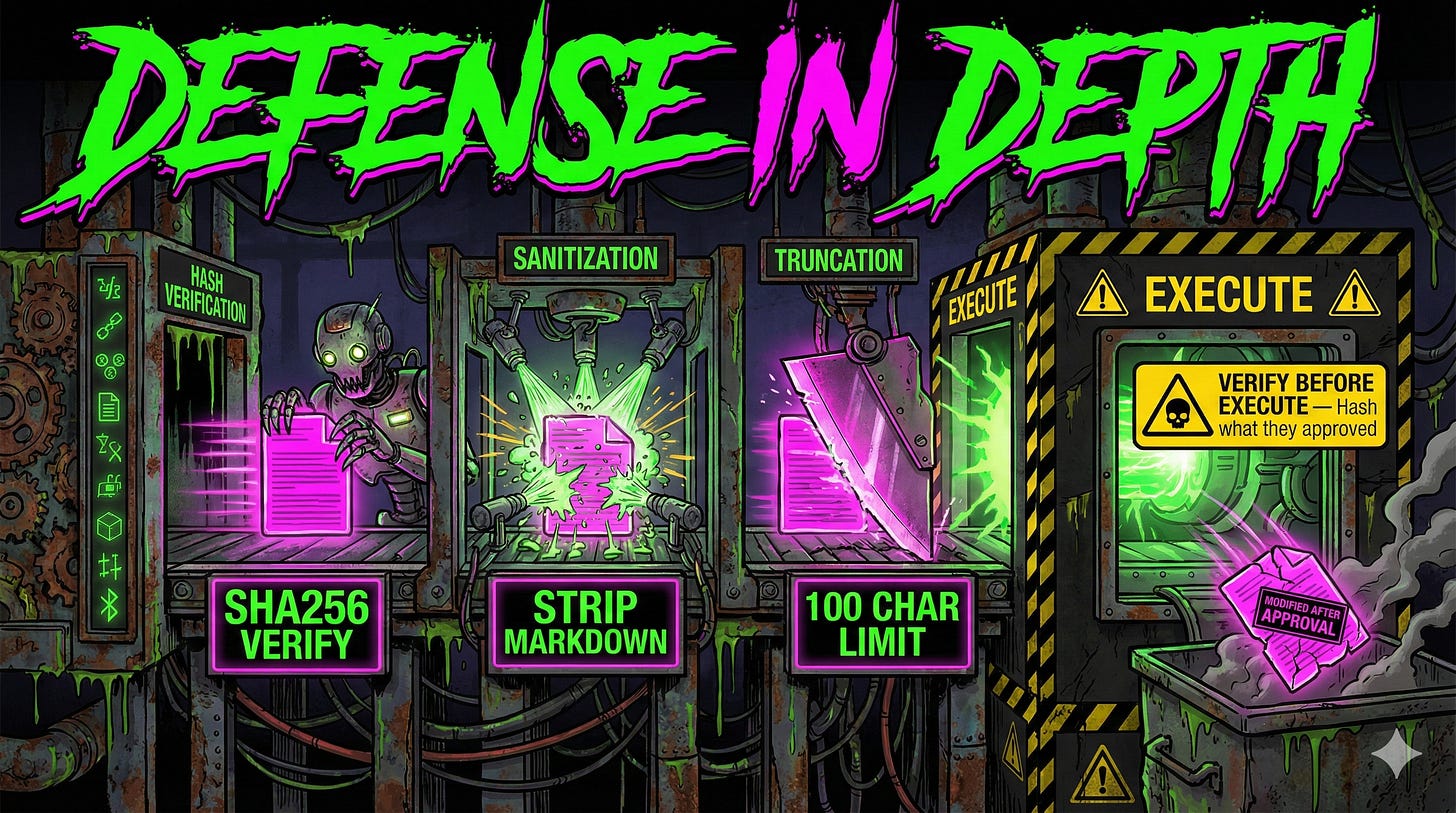 HITL mitigation strategies including command hashing, dialog sanitization, and separation of summary from executable command with secure implementation example HITL mitigation strategies including command hashing, dialog sanitization, and separation of summary from executable command with secure implementation example