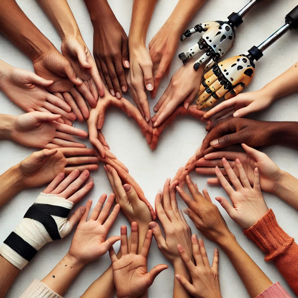 A close-up of hands of various skin tones and abilities (e.g., prosthetics, sign language gestures) coming together to form the shape of a heart, representing collective action and acceptance.