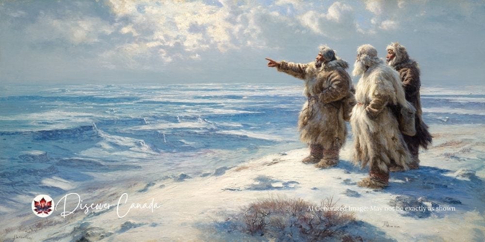 Inuit elders in traditional clothing pointing across the Arctic tundra, recalling stories of Franklin’s starving sailors. Inuit elders in traditional clothing pointing across the Arctic tundra, recalling stories of Franklin’s starving sailors.
