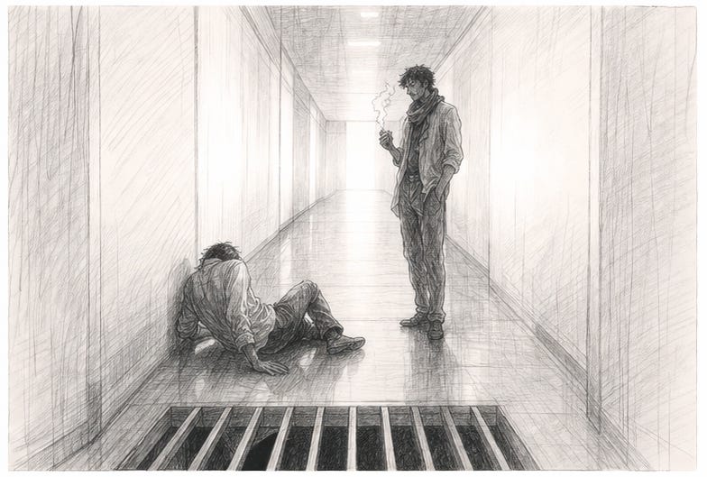 Bleistiftzeichnung: Ein Mann sitzt zusammengesunken auf dem Boden eines langen Korridors, während ein anderer Mann rauchend vor ihm steht. Im Vordergrund ein Gitterrost im Boden.