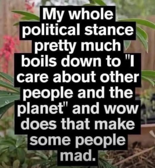 May be an image of text that says 'My whole political stance pretty much boils down ាា to"I "I to care about other people and the planet" and wow does that make some people mad.'