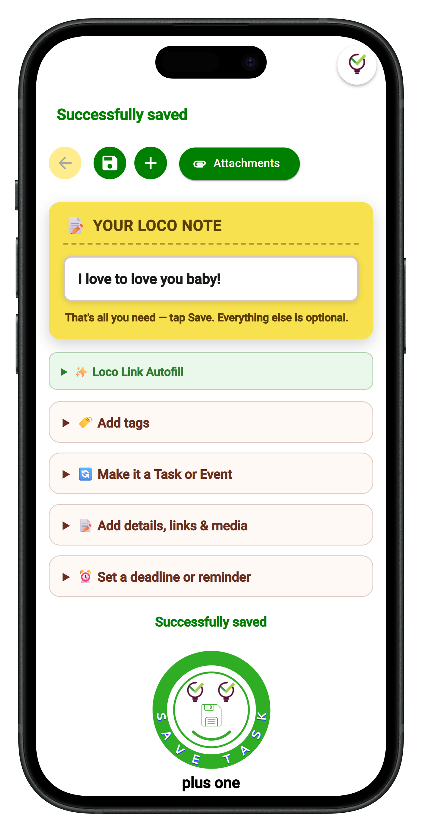 Creating a note in TaskLoco on iPhone — type it and tap Save, everything else is optional