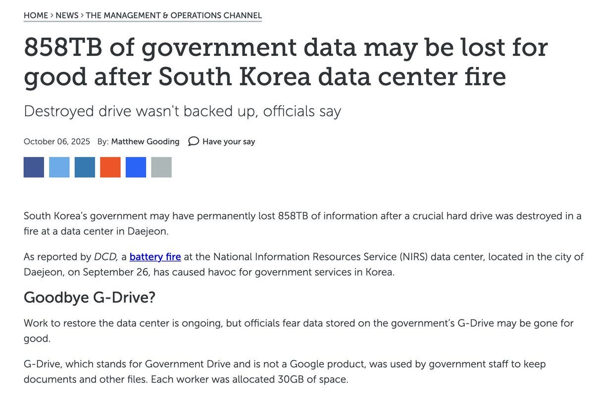 News article screenshot with headline about 85TB of government channel data lost in South Korea data center fire, stating destroyed hard drive was not backed up, includes details on National Information Resources Service in Daejeon, Google G-Drive usage by staff, and work to restore data center.