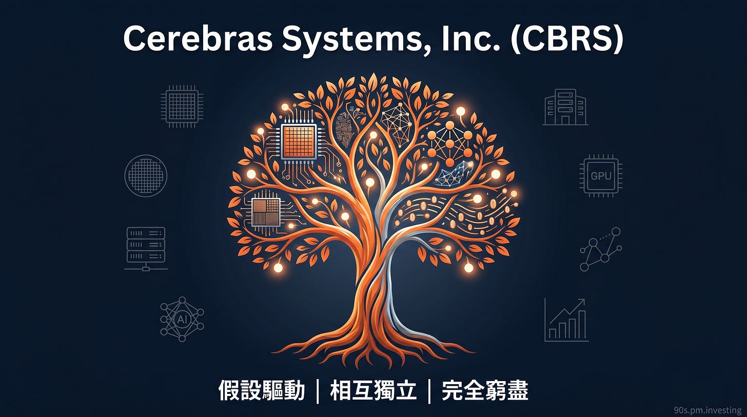 Cerebras CBRS 橙色晶圓級 AI 晶片樹封面，中文 MECE 標語