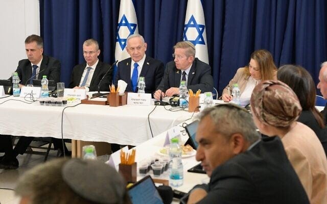 Prime Minister Benjamin Netanyahu, third from left, convenes a cabinet meeting on September 21, 2025. (Maayan Taof/GPO)