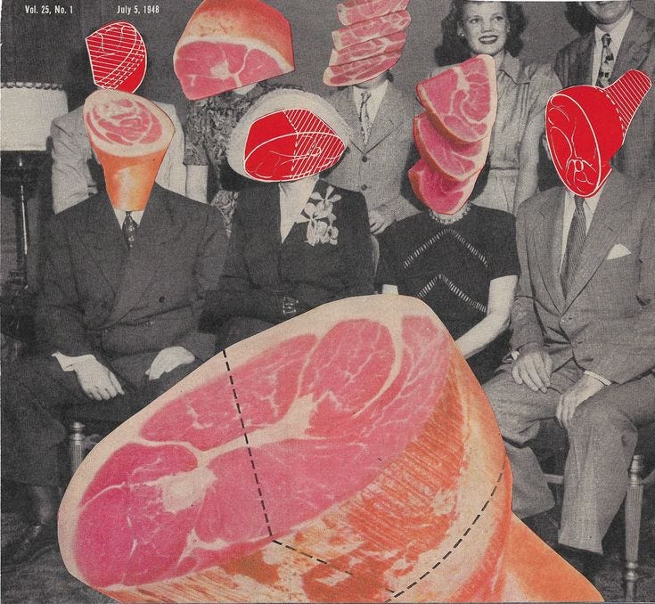 This may contain: some people are sitting and posing for a picture with meat on their heads in front of them