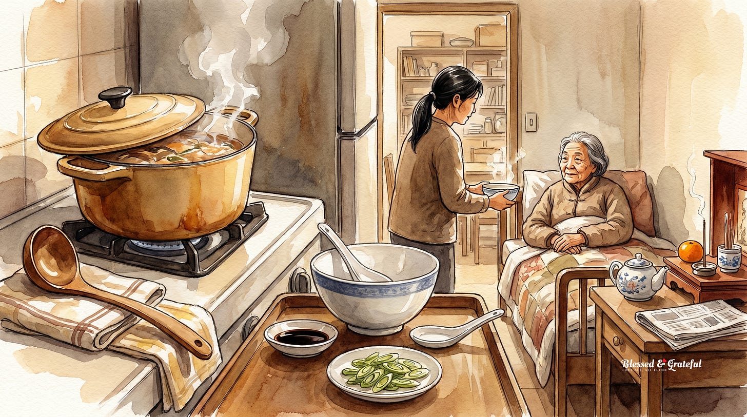 A daughter carrying a bowl of congee to a resting elder in a quiet Cantonese home