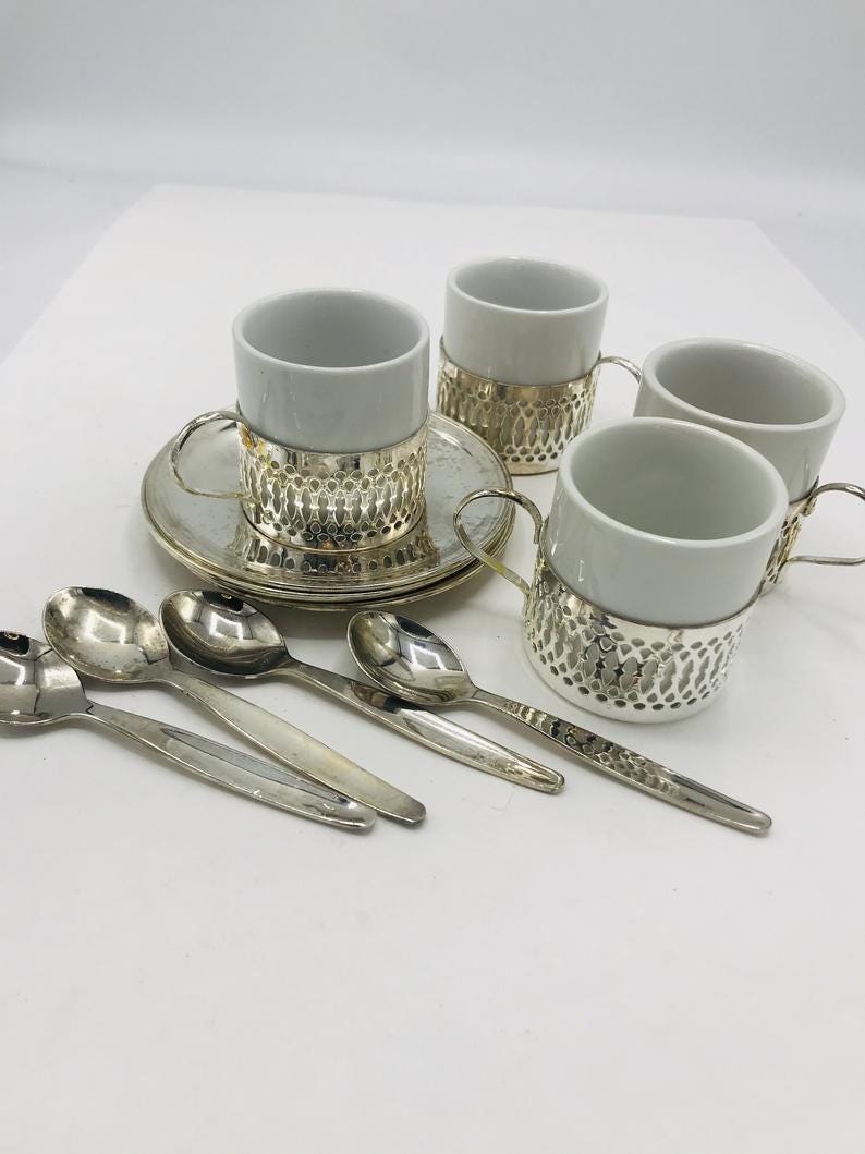 Set of 4 Silverplate espresso coffee holders with white image 0 Set of 4 Silverplate espresso coffee holders with white image 0