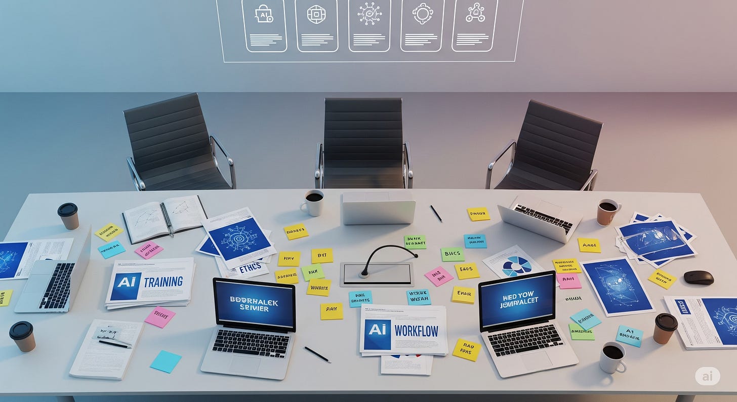 An overhead view of a modern conference table set for a meeting about artificial intelligence. Laptops display AI training modules, while papers and sticky notes on the table are labeled with the words 'Ethics,' 'Bias,' and 'Workflow.' The chairs around the table are empty. An overhead view of a modern conference table set for a meeting about artificial intelligence. Laptops display AI training modules, while papers and sticky notes on the table are labeled with the words 'Ethics,' 'Bias,' and 'Workflow.' The chairs around the table are empty.
