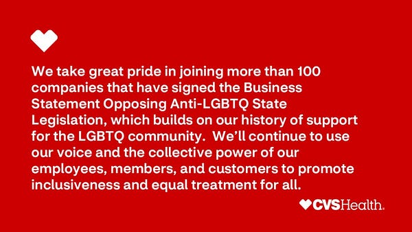 We take great pride in joining more than 100 companies that have signed the Business Statement Opposing Anti-LGBTQ State Legislation, which builds on our history of support for the LGBTQ community. We'll continue to use our voice and the collective power of our employees, members, and customers to promote inclusiveness and equal treatment for all.