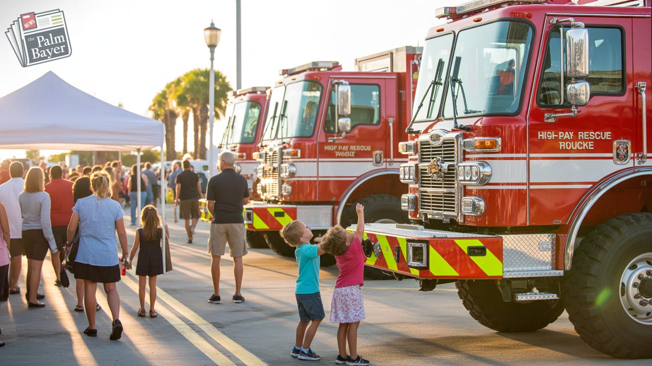 Families and children gather around red Palm Bay Fire Rescue trucks during a Touch-A-Truck community event at sunset. Families and children gather around red Palm Bay Fire Rescue trucks during a Touch-A-Truck community event at sunset.