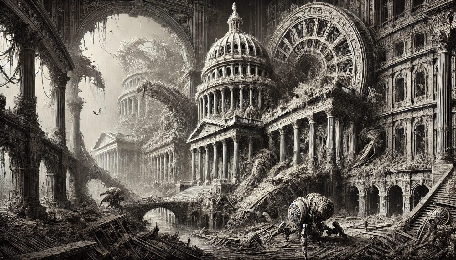 A highly detailed, landscape-oriented engraving style artwork deeply inspired by Piranesi, featuring a drastically ruined futuristic Capitol building. The scene is a dystopian vision of Washington, D.C., with immense broken arches, shattered domes, and collapsed classical structures overwhelmed by debris and wild vegetation. The biomechanical automatons move like relics in this chaotic and overgrown ruin, blending into the eerie, decayed grandeur of the architecture. The visual style is intricately engraved, evoking the dramatic and complex depth of Piranesi's etchings, with chiaroscuro lighting accentuating the destruction and mysterious atmosphere. A highly detailed, landscape-oriented engraving style artwork deeply inspired by Piranesi, featuring a drastically ruined futuristic Capitol building. The scene is a dystopian vision of Washington, D.C., with immense broken arches, shattered domes, and collapsed classical structures overwhelmed by debris and wild vegetation. The biomechanical automatons move like relics in this chaotic and overgrown ruin, blending into the eerie, decayed grandeur of the architecture. The visual style is intricately engraved, evoking the dramatic and complex depth of Piranesi's etchings, with chiaroscuro lighting accentuating the destruction and mysterious atmosphere.