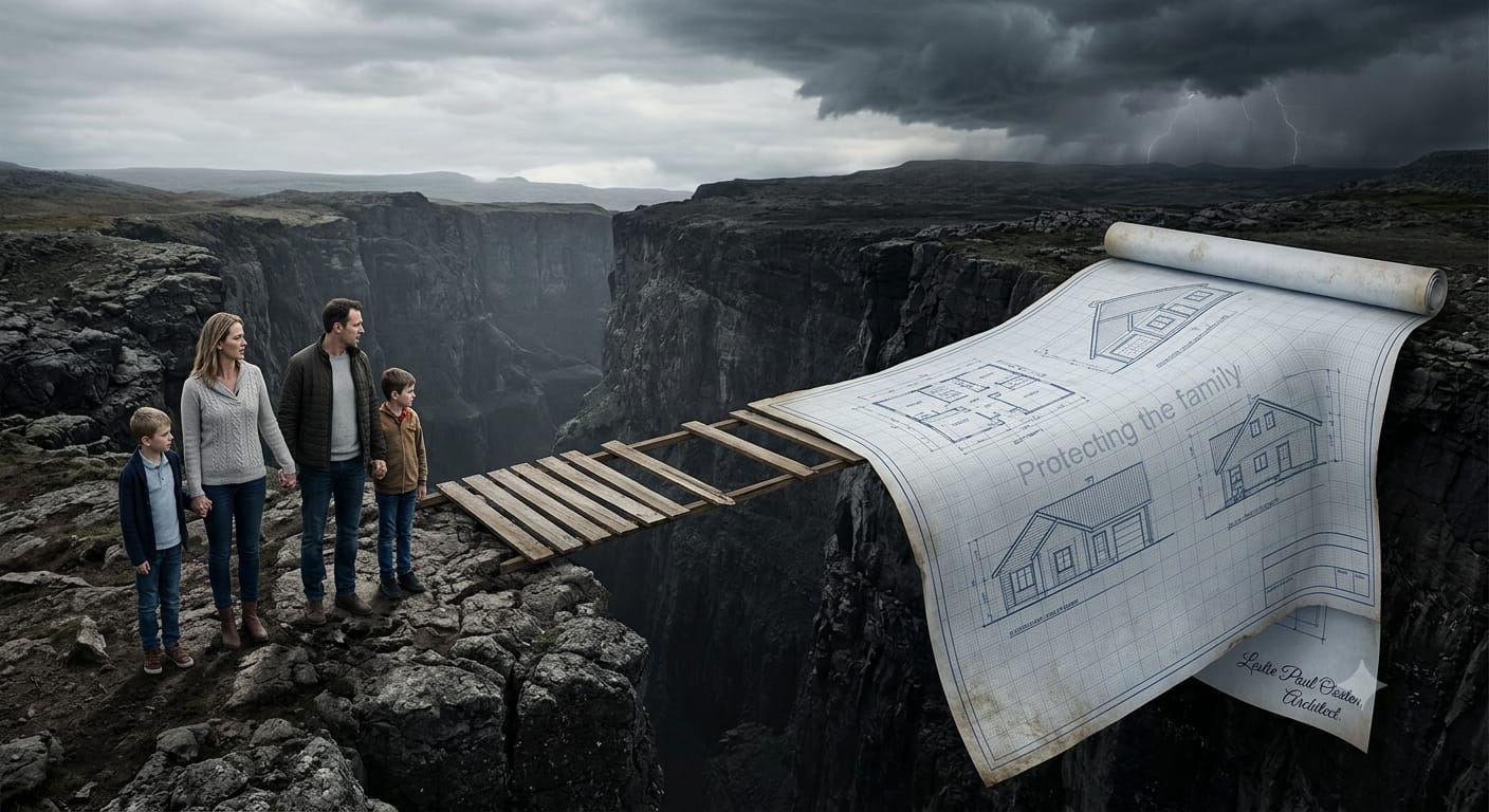 Cinematic editorial photograph of a family standing at the edge of a deep canyon under a stormy, overcast sky. A fragile, incomplete wooden ladder bridges the gap to a massive architectural blueprint scroll unrolled across the opposite cliff, labeled "Protecting the family" and signed by "Leslie Paul Oosten, Architect."
