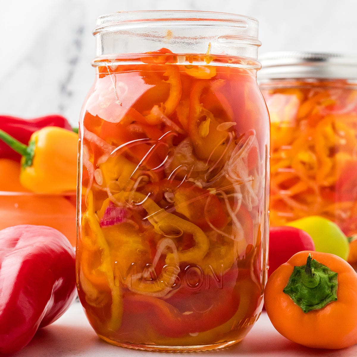 Jars of refrigerator pickled peppers.